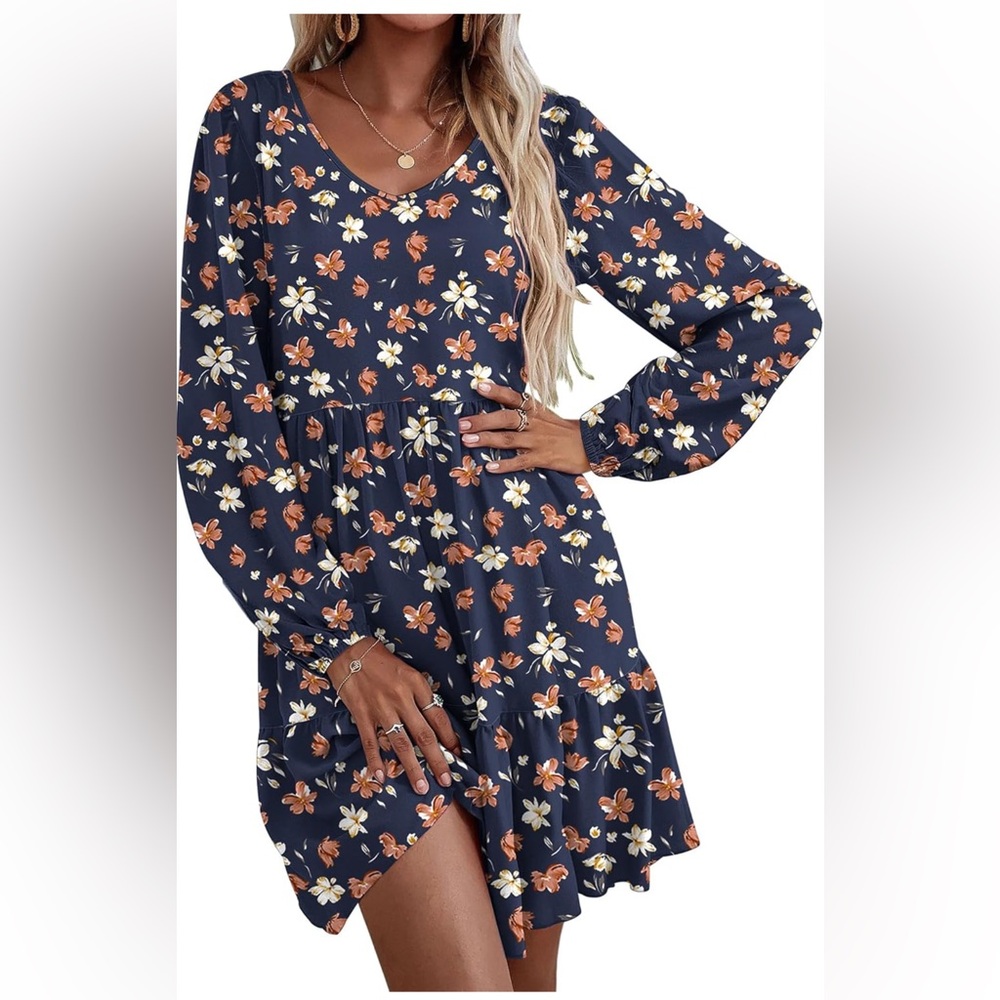Women's Navy Floral Long Sleeve Tiered Dress